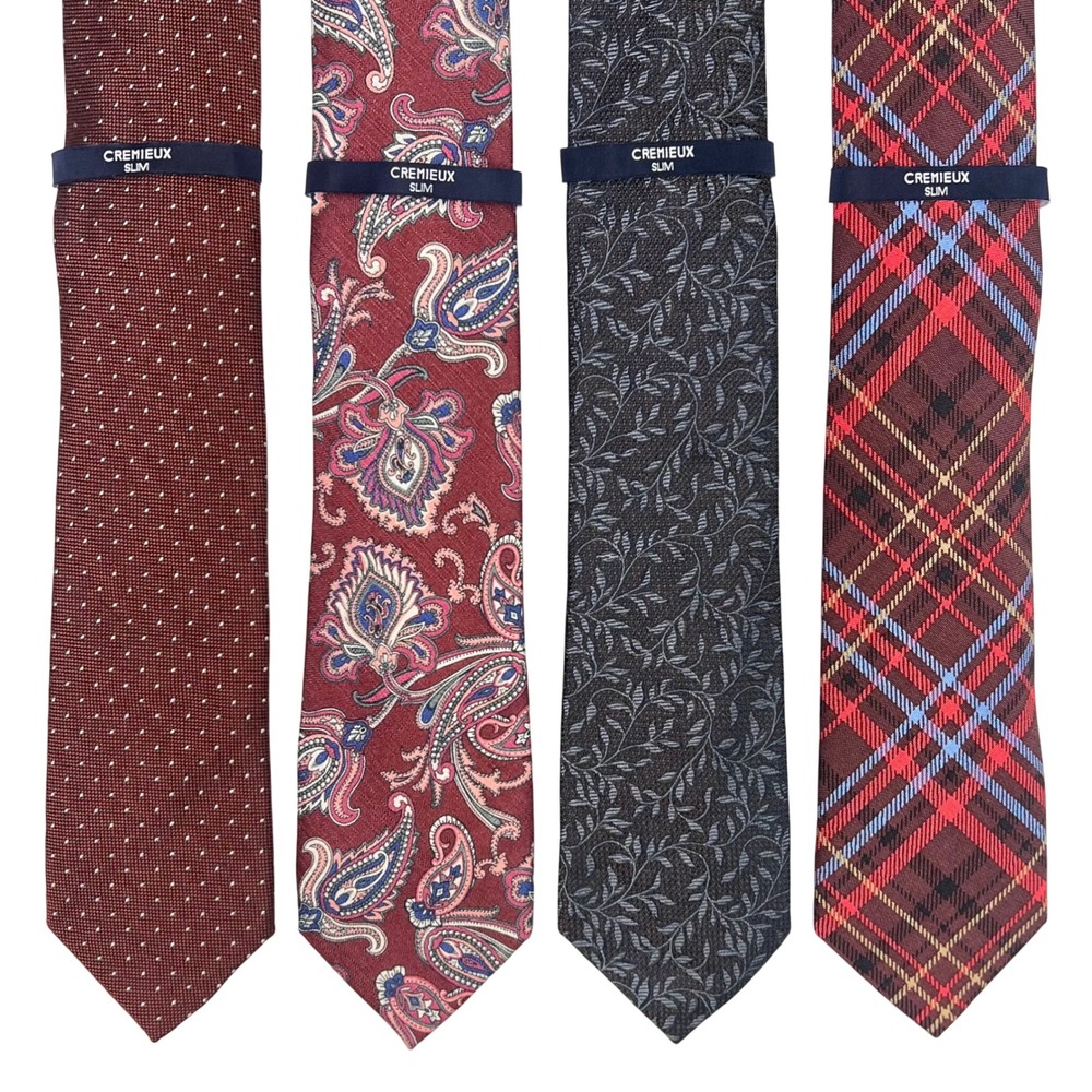 CREMIEUX‎ Slim Tie LOT OF 4 Men's Necktie Red Gray Plaid Paisley Dot Silk Cotton